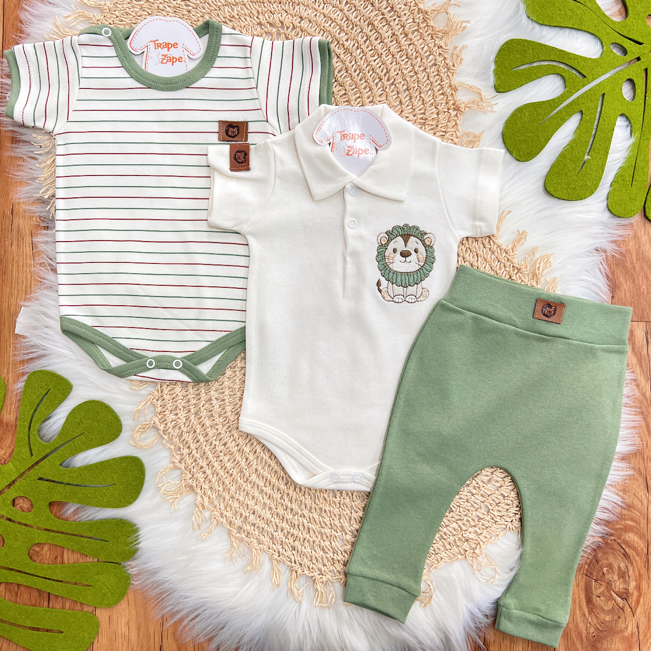 Conj. de Malha 3 peças - Leão com Jubinha - Verde e Off White